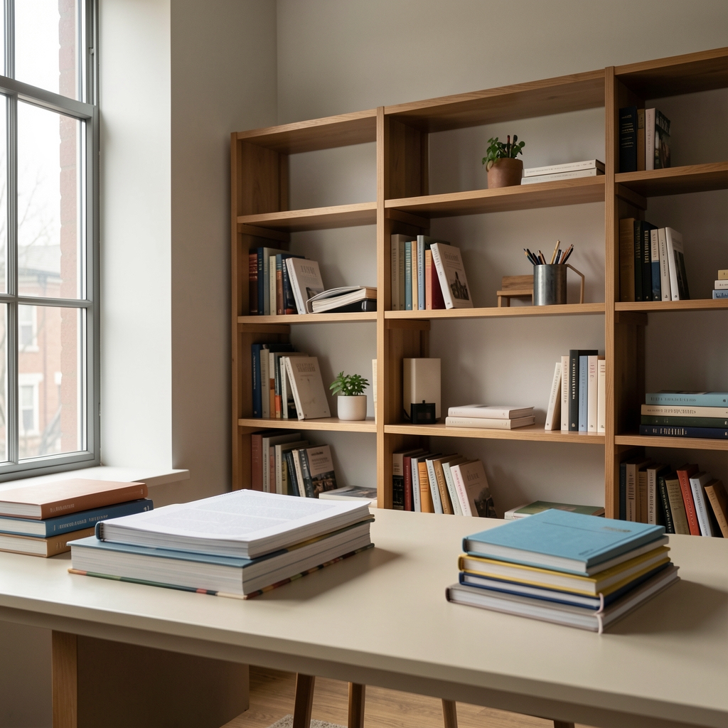 Interior of a quiet editorial workspace with wooden shelving, natural light from a tall window, and notebooks stacked on a pale desk
