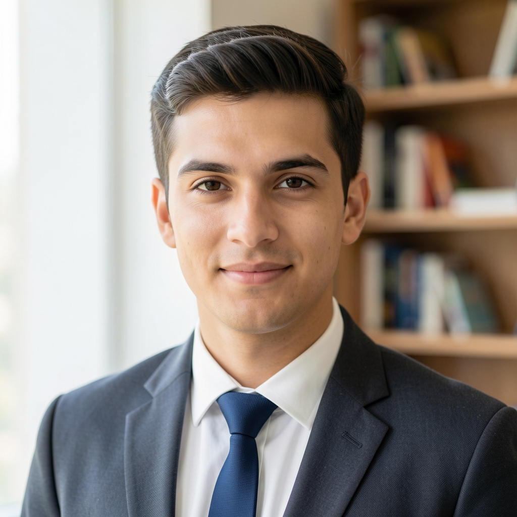 Headshot of Tobias Ashcroft in a bright room with a bookshelf visible in the soft background