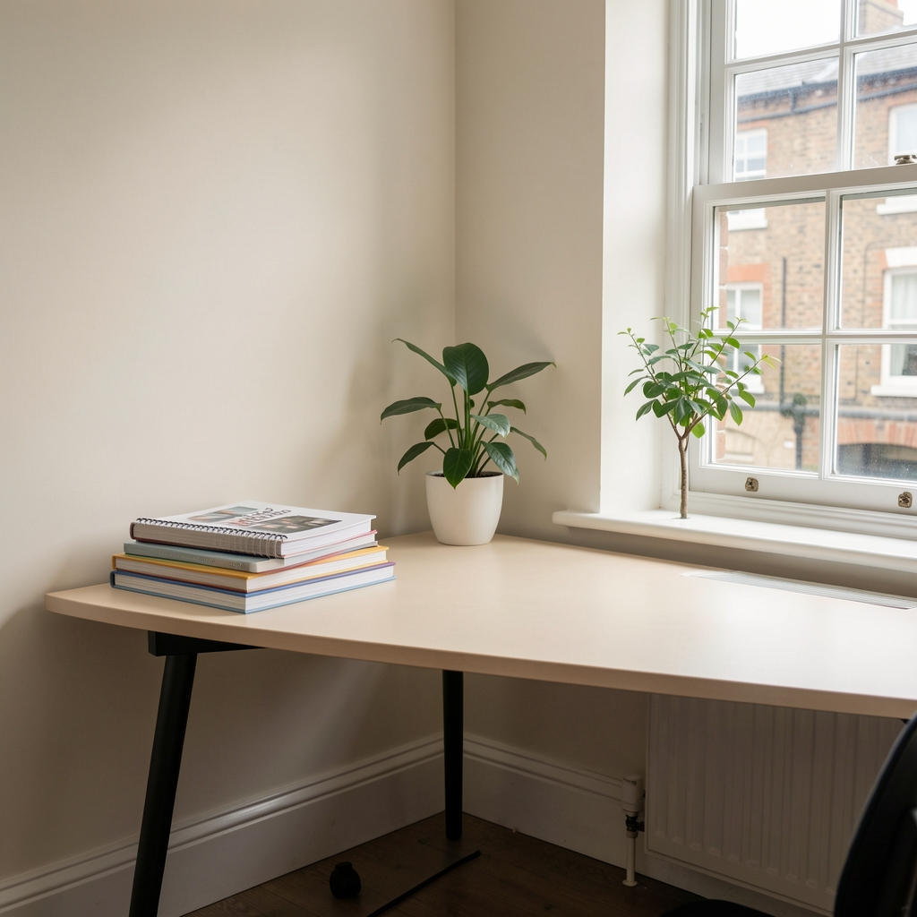 A corner of a small London editorial office with a pale desk, stacked notebooks, and a single plant beside a sash window with daylight