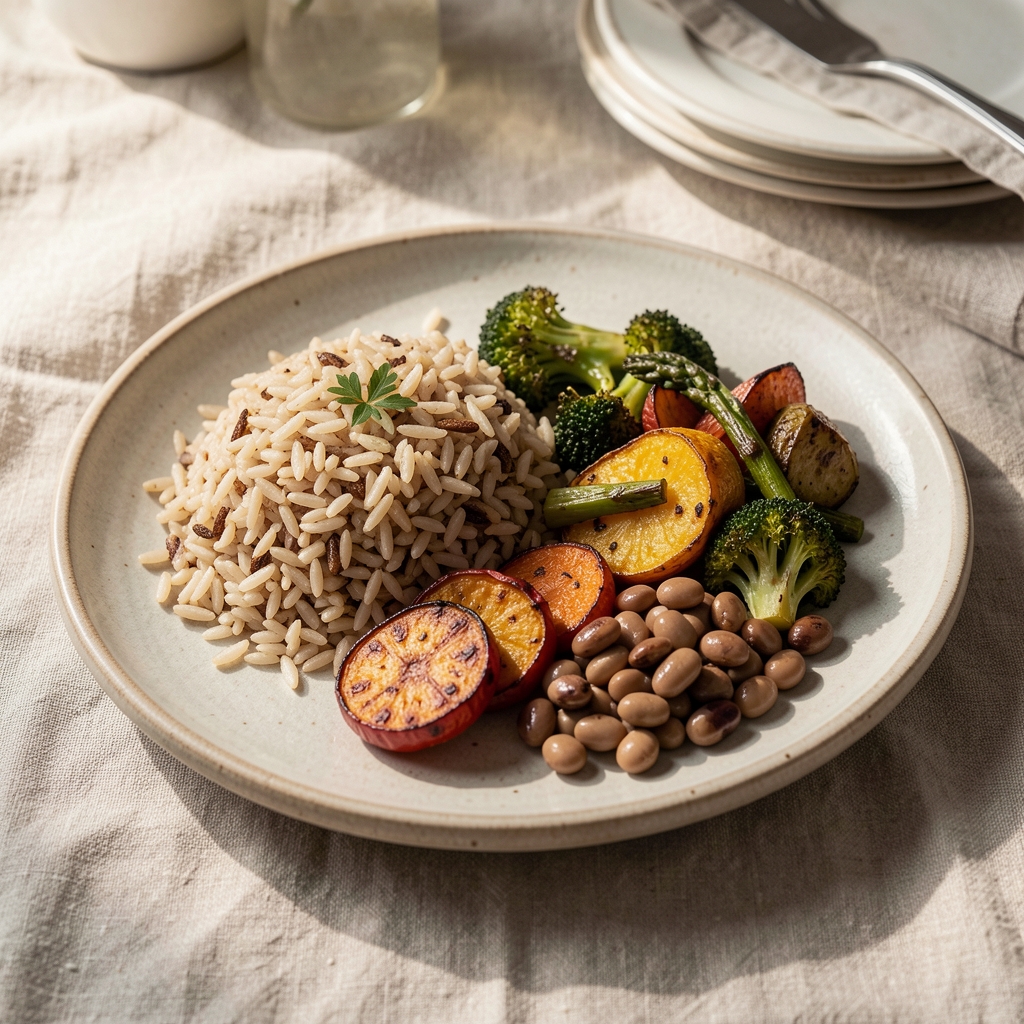 Close-up of a balanced meal arranged on a ceramic plate with whole grains, roasted vegetables and a small portion of legumes, photographed under natural daylight on a linen surface