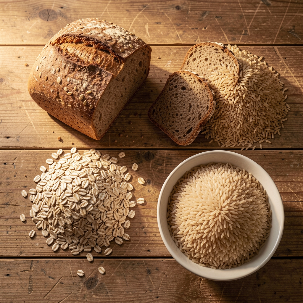 Overhead shot of assorted whole grain products including rye bread, oats, and brown rice arranged neatly on a worn wooden kitchen surface in warm morning light