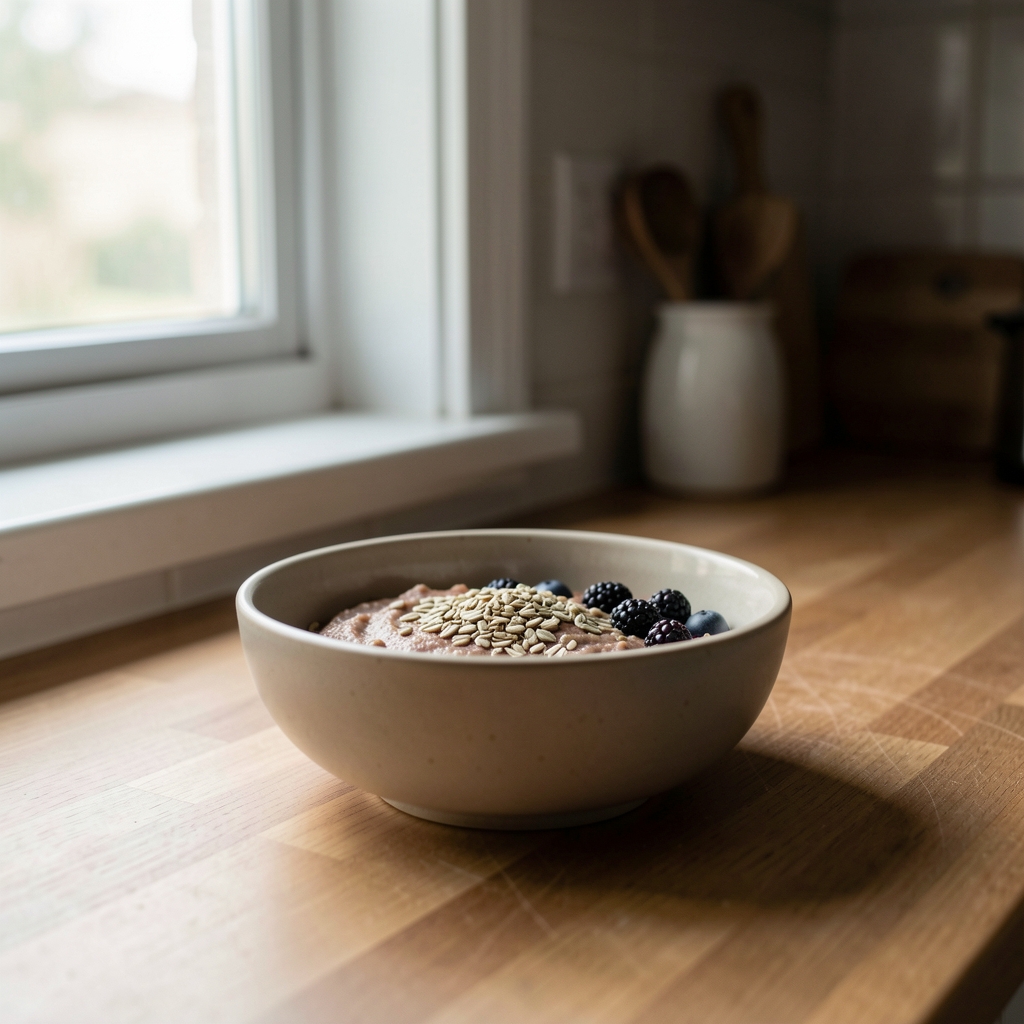 A quiet kitchen scene at early morning showing a simple bowl of plant-based breakfast with seeds and dark berries, soft natural light through a window, muted tones