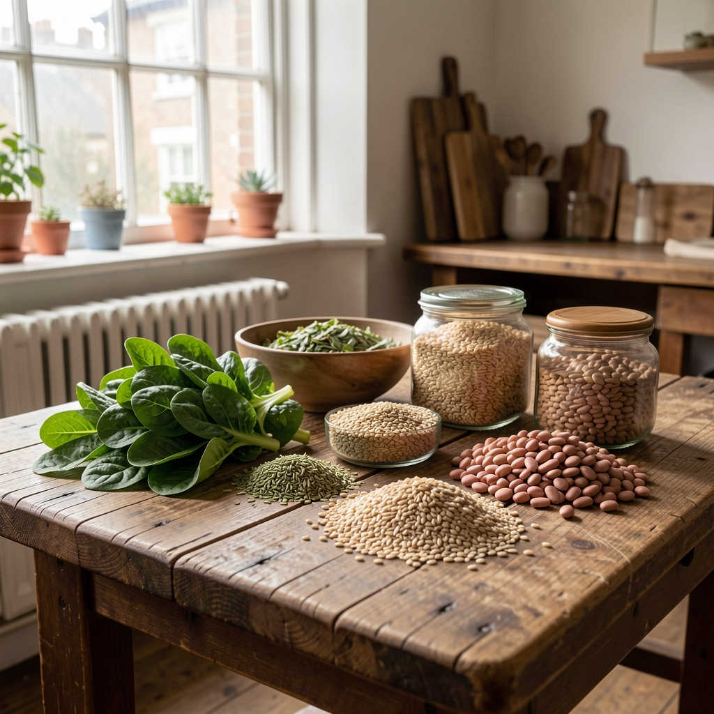 Carefully arranged whole food ingredients on a worn timber workbench in a natural-light London studio, including leafy greens, whole grains, and legumes