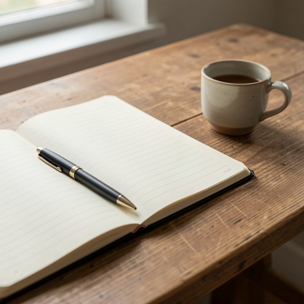 Close-up of a wooden desk surface with an open notebook, a pen, and a small ceramic cup in soft natural light